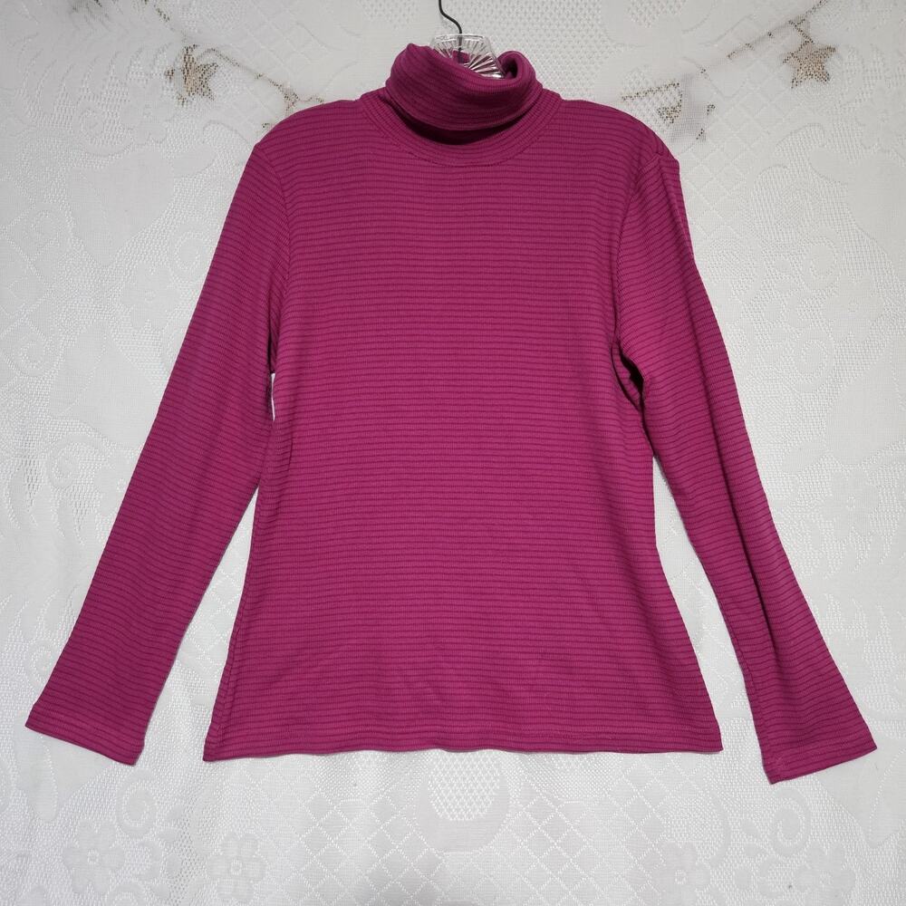 Studio II Small 100% Cotton Pink Burgundy Stripe Turtleneck Thermal Top Preppy